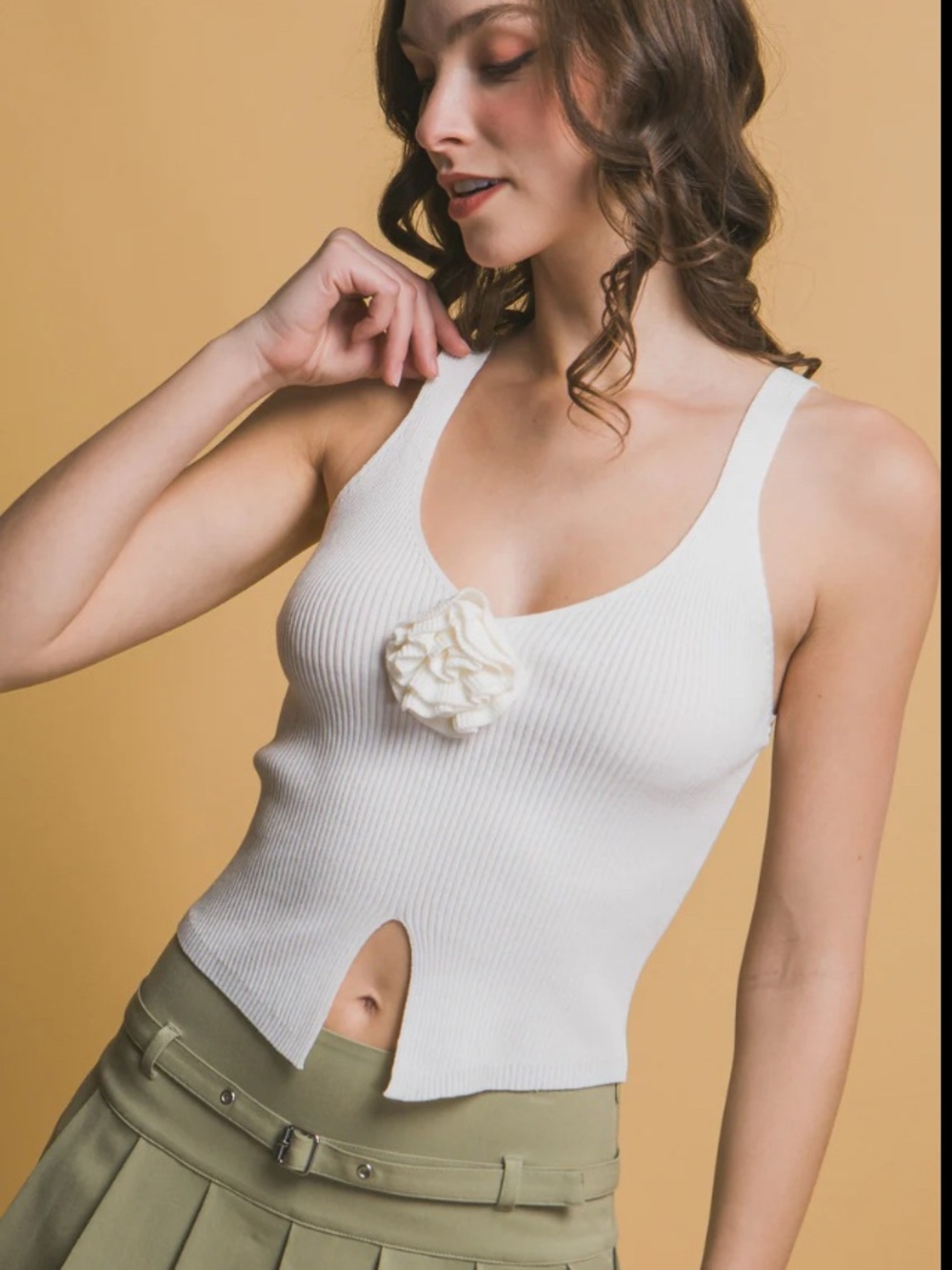 White Flower Ribbed Crop Top